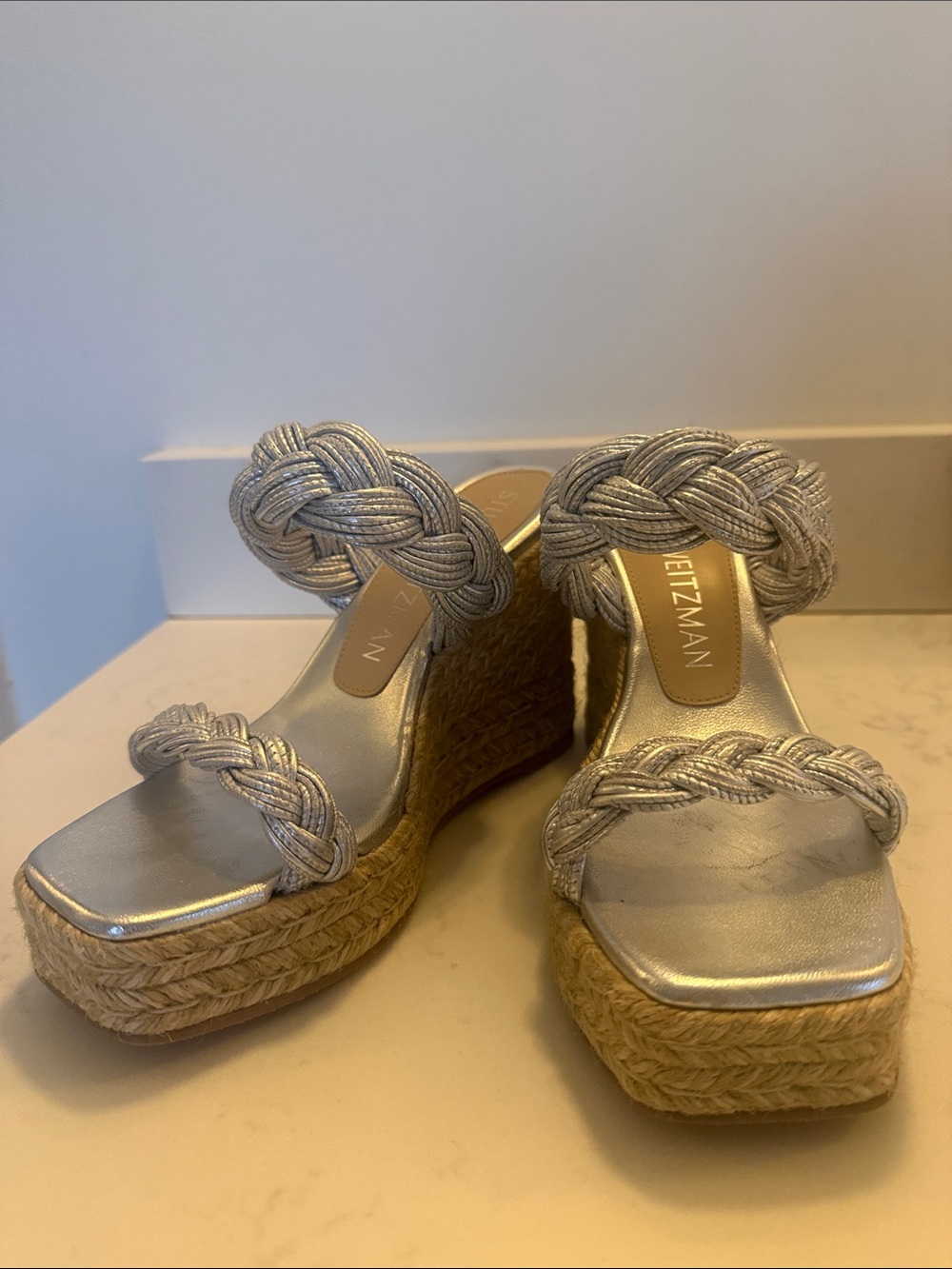 Stuart Weitzman Silver Braided Espadrille Wedges